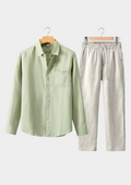 Men's Long-Sleeve Summer Co-ord Set– Mint Green Beige