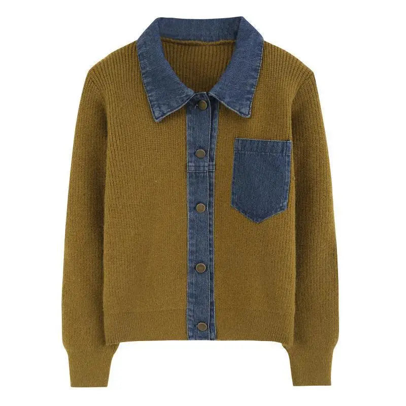 Women's Patchwork Denim Knitted Polo Cardigan