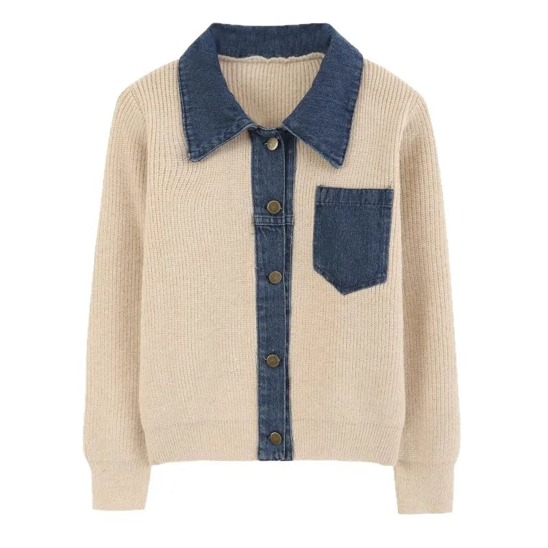 Women's Patchwork Denim Knitted Polo Cardigan
