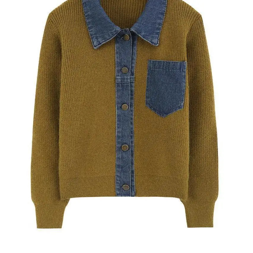 Women's Patchwork Denim Knitted Polo Cardigan
