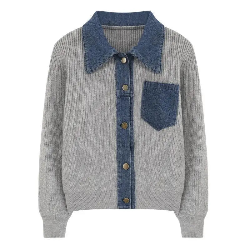 Women's Patchwork Denim Knitted Polo Cardigan
