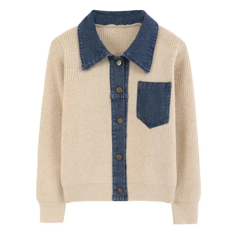 Women's Patchwork Denim Knitted Polo Cardigan